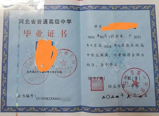 永善任丘市第一中学高中毕业证样本图片